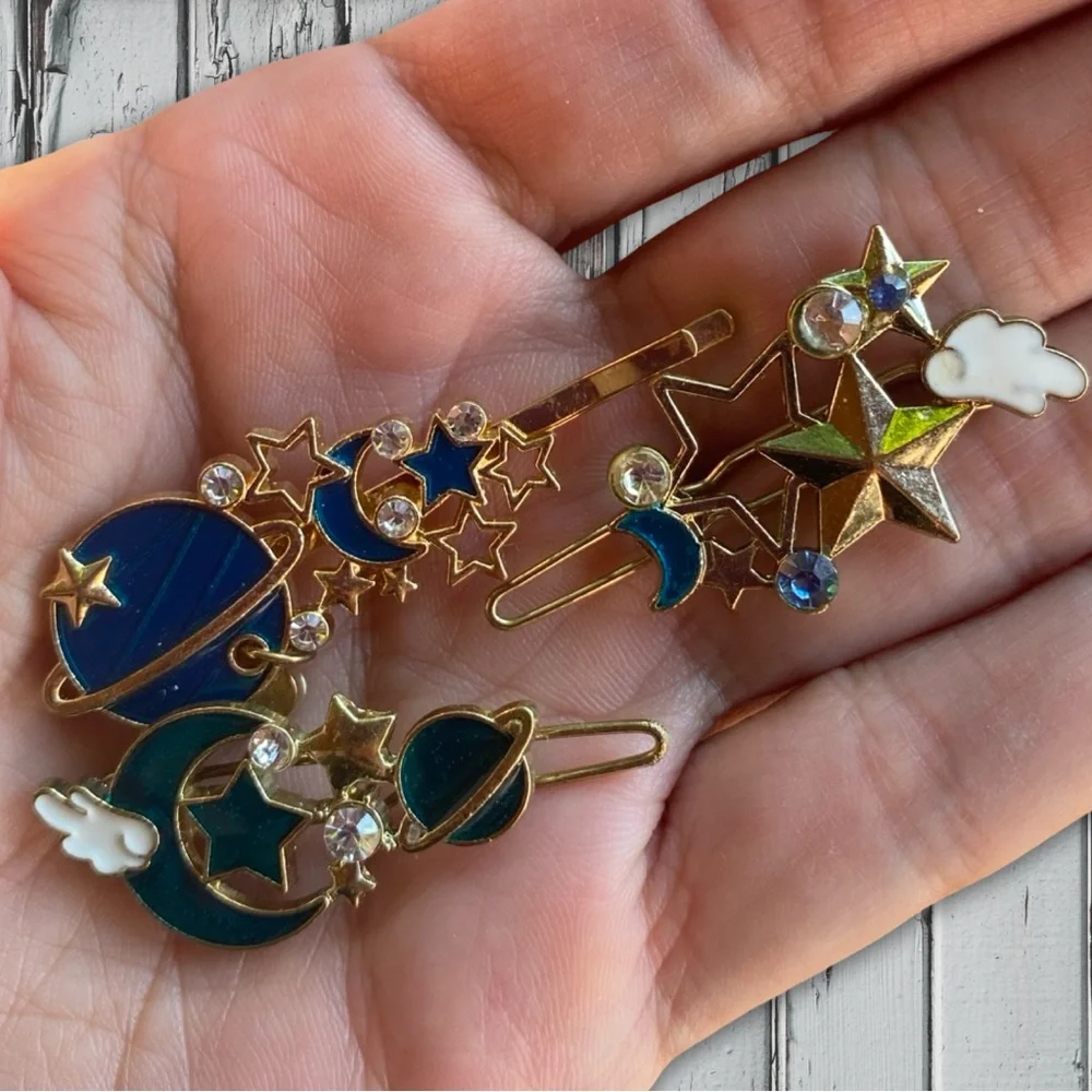 Blue and Gold Celestial Hair Clips